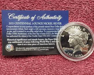 1921-2021 100th Anniversary Peace Dollar, 1 oz Nickel Silver