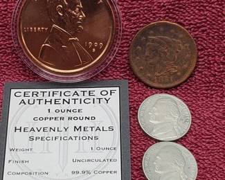 1851 Large Cent, (2) 2004-S Jefferson Nickels & 1 oz Copper Round