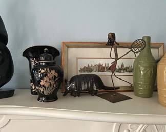 Assorted Decorative Mantel Items including German Stein and Abstract Sculpture fourth image