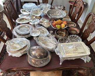 Assorted SilverPlated Serving Pieces and Decorative Items