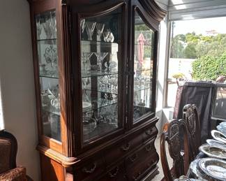 Vintage Mahogany China Cabinet with Carved Crest and Drawers