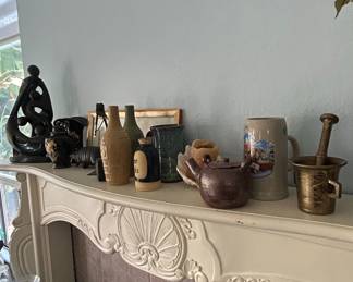Assorted Decorative Mantel Items including German Stein and Abstract Sculpture