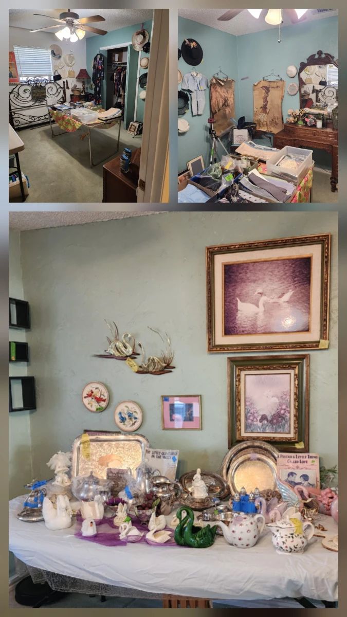 Silver plate items perfect for entertaining, 100s of swans decorations, great use  for a wedding, victorian vanity, Queen head & endboard frame, vintage hats