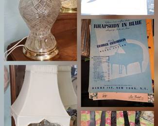 sheet music galore for playing, decorations for weddings etc, 2 crystal cut glass lamps