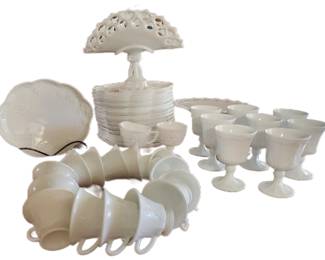 beautiful  milk glass lunch dishes, water goblets, coffee tea cups, sugar/creamer candlestick holders,Anchor Hocking opaque milk glass fruit sandwich stand 