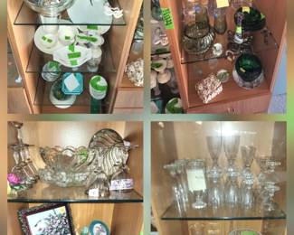 silver base Franklin Company wedding TRI section dish silver  Mikasa Crystal bowls  Platinum Rim wedding band water goblets from the 60s or 50s glass bowl with a silver base Jim Bean and other types of crystal decanters  brass The Thinker brass bookends vintage Japanese porcelain bowls for eating or drinking Japanese design vase