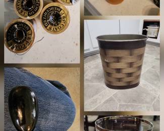 MCM metal trash cans, wood sock darner, Platinum Rim wedding band water goblets from the 60s or 50s, vintage Stanley home products, degreaser, lint brushes bags of wooden spools
