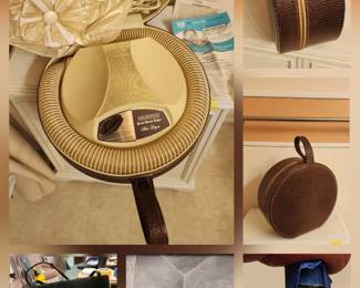 vintage simulated alligator  case Universal handy Hannah Deluxe Bonnet hair dryer which also will dry your nails , copper aluminum molds, palmer perfume bottle