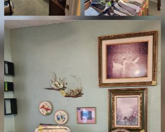 1960s wallpaper murals Asian motif repair condition,   Evelyn Varone  blue feathers hat & of all brands of pill box hats purses, suitcases,  vintage baby clothes , victorian vanity , silver triple plated 5 piece wedding Art Deco TEA /Coffee set. MCM metal teak wall hanging