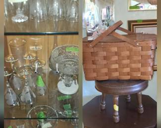 silver base Franklin Company wedding TRI section dish silver , Etched martini glasses and matching vase clear glass, wood picnic basket, tri foot stool, mexican hexagon table glass bowl with a silver base 