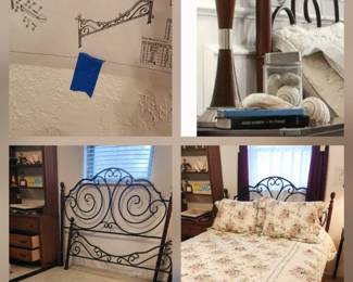 metal (looks like wood) headboard /end board with instructions for assembly, wood shelves and small dresser with drawers