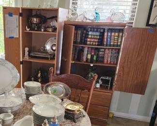 Readers Digest condensed  books first editions , International silver, Gorham, Oneida,Wallace, Whiting silver plate in variety of objects food serving  great  for wedding decor International Silver tea set ,William Rogers Magnolia silver plate flatware from 1951 has “magnolia” flowers, MCM Italian leather book ends, 