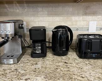 Espresso Machine, Drip Pot, Electric Kettle, 4 Slice Toaster