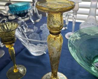 ETCHED GLASS AMBER CANDLESTICK