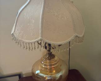 Vintage Amber Glass Table Lamp with Ornate Base and Floral Shade, Hollywood Regency Style