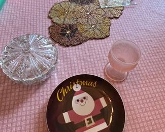 Vintage Christmas Plate with Santa and Frosted Glass Goblet