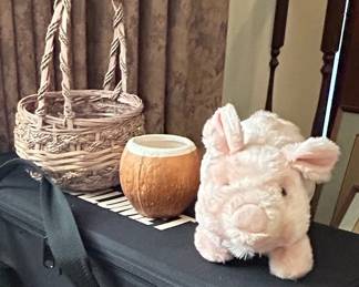 Vintage Wicker Basket with Pig Plush Toy and Coconut Shell Container