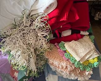 Vintage Crochet Doily with Green Accents and Embroidered Linens Lot