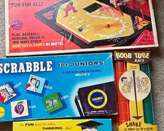 Vintage Board Game Collection: Smack-A-Roo, Scrabble for Juniors, Yahtzee, and Boob Tube Race