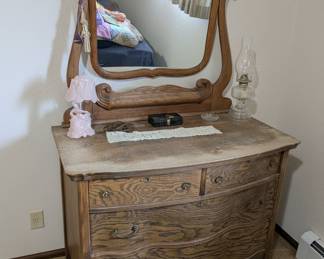 Antique Tiger Oak Serpentine Front Dresser with Mirror