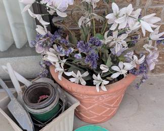Terracotta Planter with Artificial Clematis and Lavender, and Gardening Tools