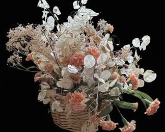 Vintage Dried Flower Arrangement with Carnations, Baby's Breath, and Silver Dollar Eucalyptus in Wicker Basket