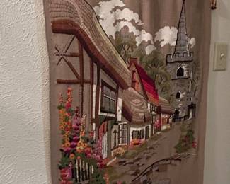 Vintage Crewel Embroidered Wall Hanging - English Village Scene