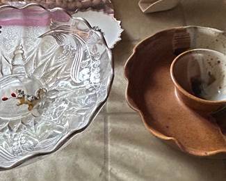 Vintage Glass Chip and Dip Platter with Sterling Silver Overlay and Ceramic Chip and Dip Bowl