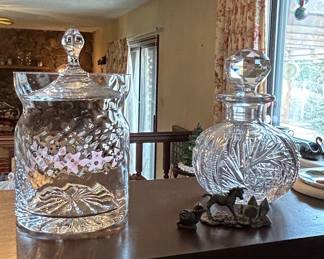 Cut Crystal Biscuit Barrel Jar and Decanter Set
