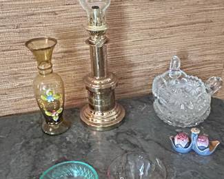 Assorted Vintage Decorative Items including Brass Oil Lamp and Cut Glass Sugar Bowl