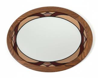 Oval Wood Framed Mirror with Stained Glass Accents
