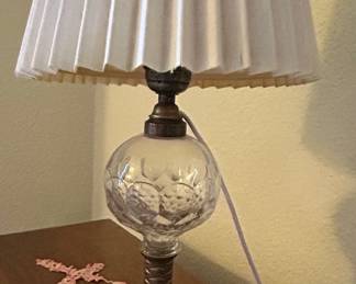 Vintage Crystal Oil Lamp with Ribbed Stem and Marble Base