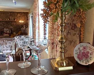 Set of 3 Etched Crystal Coupe Glasses with Brass Candlestick and Commemorative Plate