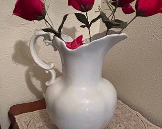 White Ceramic Pitcher with Red Roses