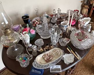 Assorted Crystal and Glassware Collection with Hurricane Lamp Base
