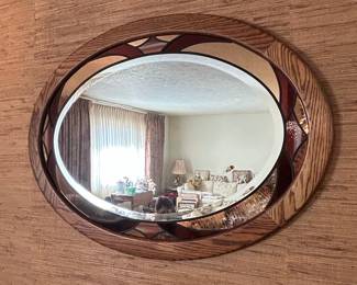 Mid-Century Modern Oak and Stained Glass Accent Mirror