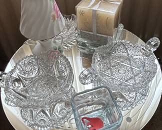 Antique American Brilliant Cut Glass Hobstar and Fan Bowl with Candlestick Holder