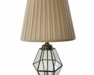 Vintage Geometric Glass and Brass Table Lamp with Pleated Empire Shade