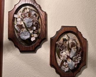 Mid-Century Modern Ceramic Flower Wall Art Oval Oak Frames (Pair)
