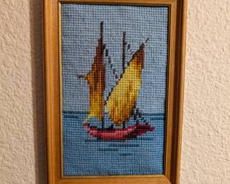 Vintage Needlepoint Ship Artwork