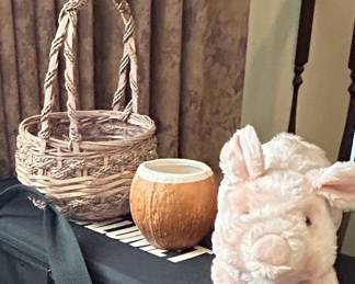 Woven Wicker Basket with Handle and Decorative Gourd Pot with Plush Pig Toy