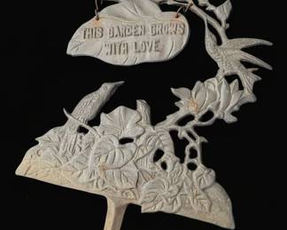 Vintage Cast Iron Garden Stake with Birds and Flowers - "This Garden Grows With Love"