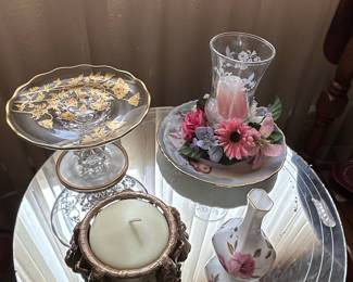 Vintage Glass Pedestal Cake Stand with Gold Gilt Floral Design