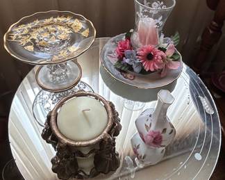 Vintage Footed Glass Dish with Gold Floral Etching and Rim