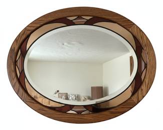 Mid-Century Modern Oak and Stained Glass Accent Mirror