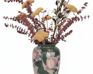 Vintage Asian Hand Painted Floral Ceramic Vase with Dried Botanicals