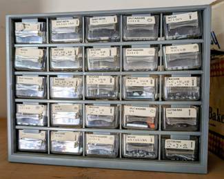 Vintage Hardware Organizer Cabinet with Assorted Screws, Nuts, and Washers