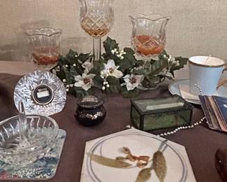 Assorted Vintage Decorative Items including Hexagonal Ceramic Tile, Glassware, and Porcelain Teacup