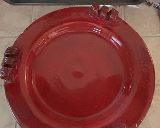 Red Ceramic Serving Platter with Twisted Handles