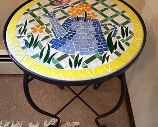 Neille Olson Mosaics "Hummingbird" Mosaic Top Side Table with Wrought Iron Base